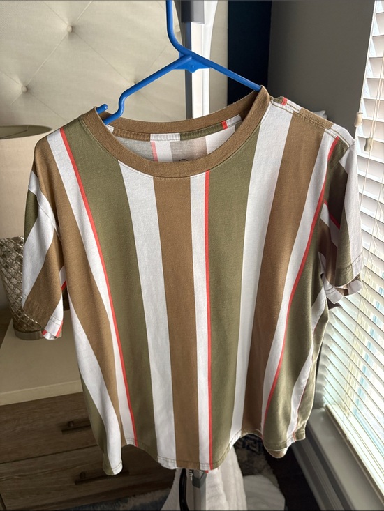 Original Use Tops - Men's striped Short Sleeve Crewneck Top in Olive, Tan & White